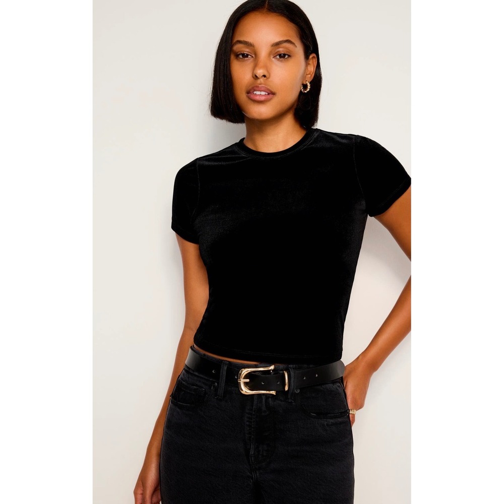 Good American Black Velvet Short Sleeve Baby Tee GT0565 Womens 2XL NWT